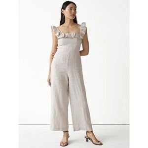 & Other Stories Women's Sz 10 Frilled 100% Linen Jumpsuit Off White Wide Leg NWT